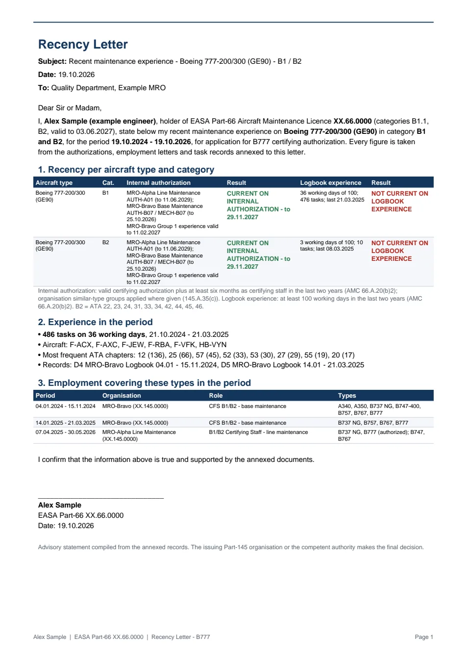 Recency Letter for Boeing 777, B1 and B2, addressed to a quality department